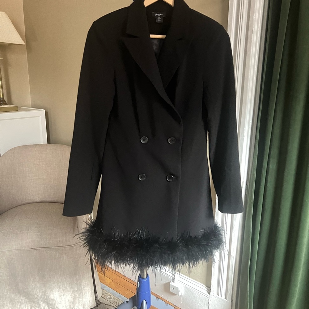 Nasty Gal Double Breasted Black Blazer Dress with Feather Trim